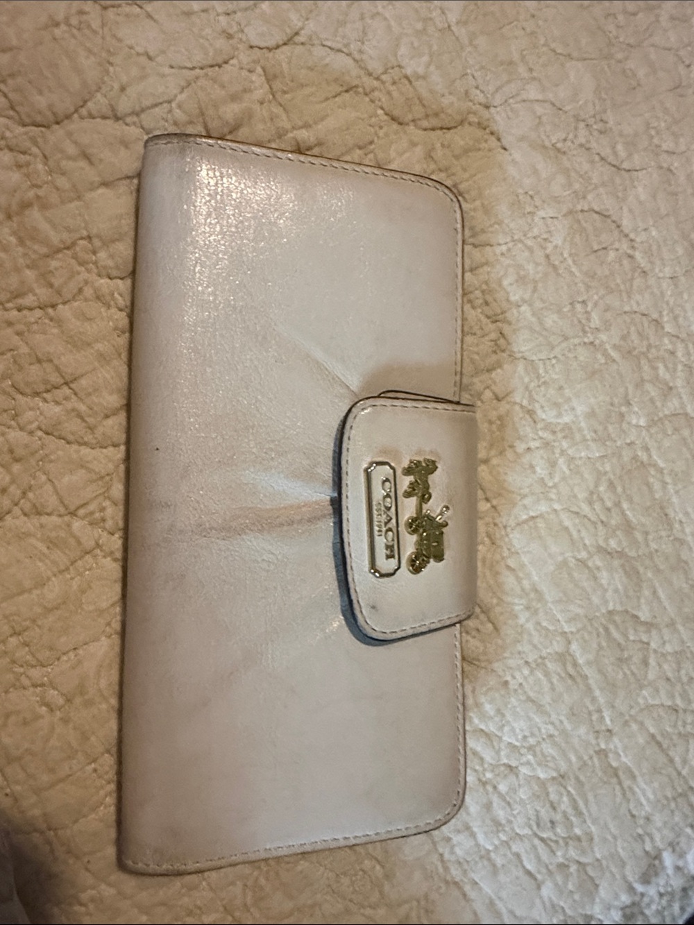 Coach Cream Leather Phone Wallet Case with Gold Logo Plaque
